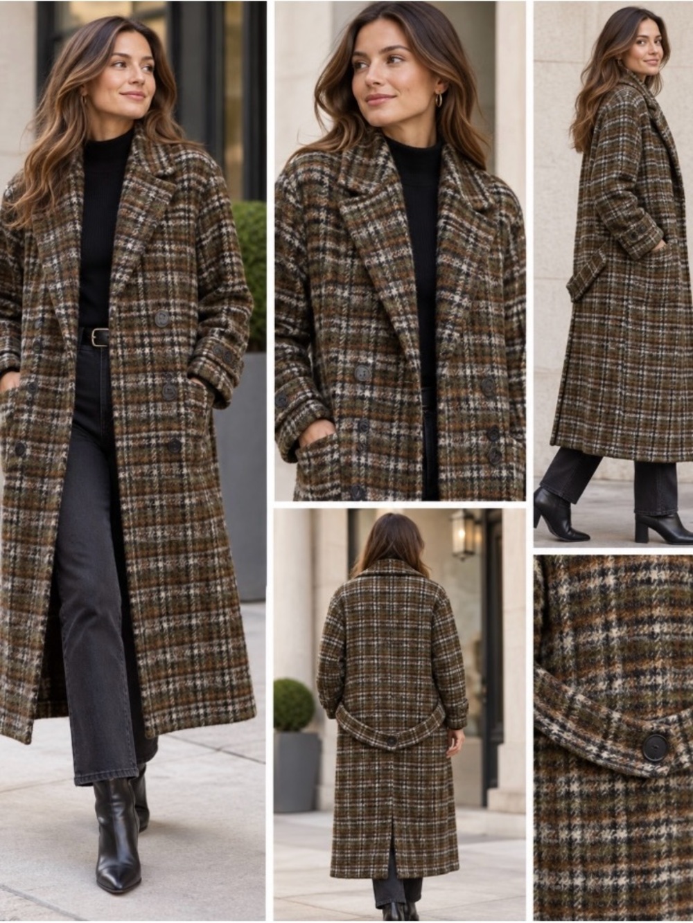 Vintage 80s 90s Made in USA Brown Plaid Long Coat Double Breasted